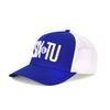 BLUE & WHITE SIXTU TEXT TRUCKER